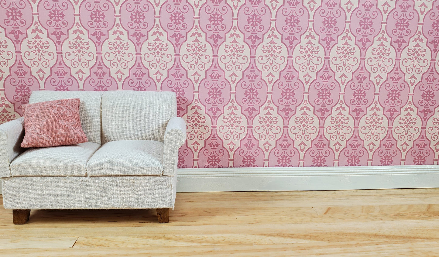 Dollhouse Wallpaper Pink Fleur Damask 3 Sheets White Pink Green Blue 1:12 Scale