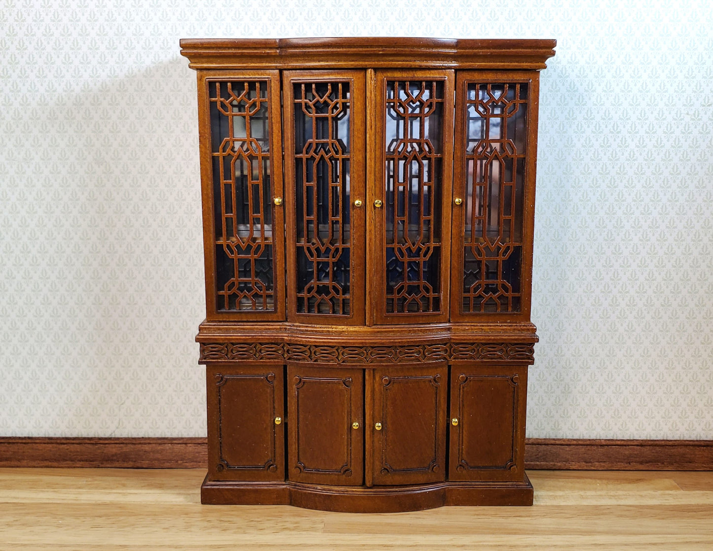 JBM Dollhouse Breakfront China Cabinet Walnut Finish 1:12 Scale Furniture