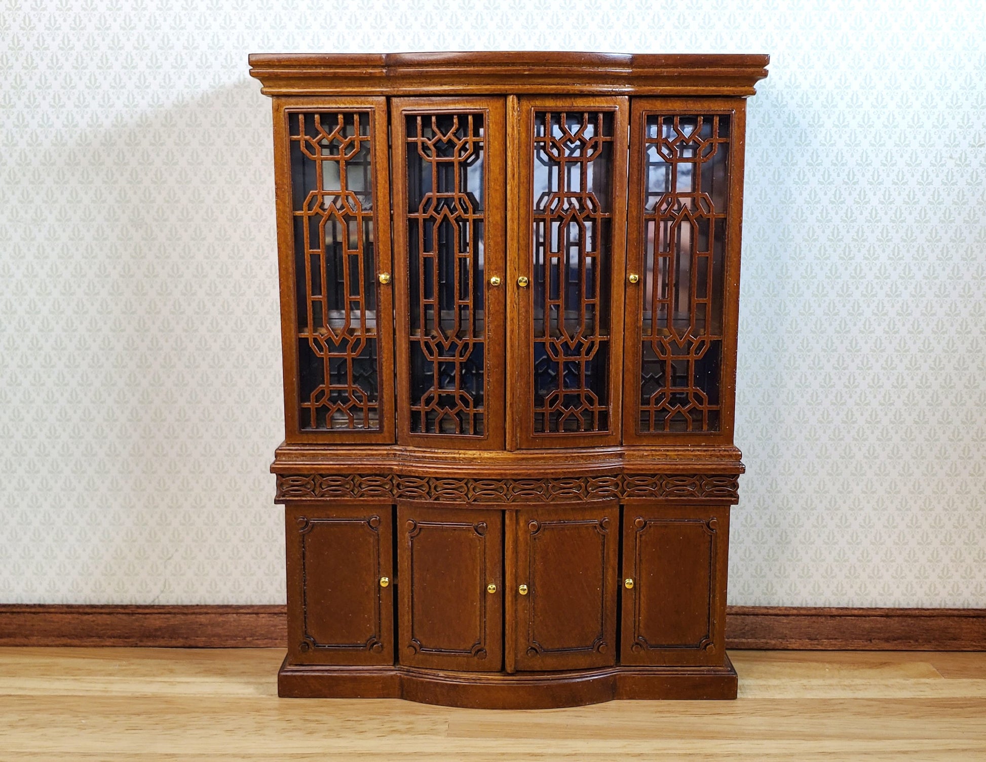 JBM Dollhouse Breakfront China Cabinet Walnut Finish 1:12 Scale Furniture