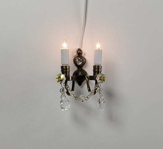 Dollhouse Double Candle Sconce with Crystals Bronze 12 volt w/ Plug 1:12 Scale