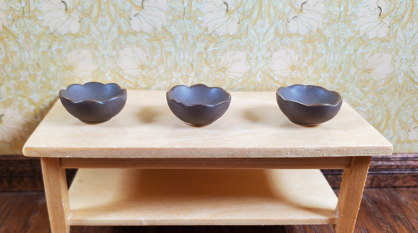 Dollhouse Small Brown Fluted Ceramic Bowls Set of 3 1:12 Scale Miniature