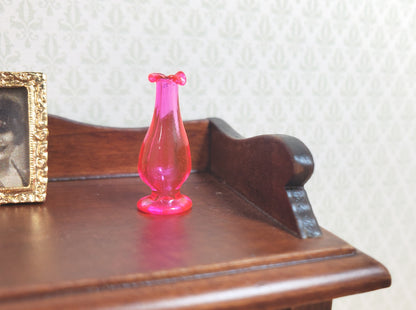 Dollhouse Bright Pink Glass Pedestal Fluted Vase 1:12 Scale Miniature Decoration