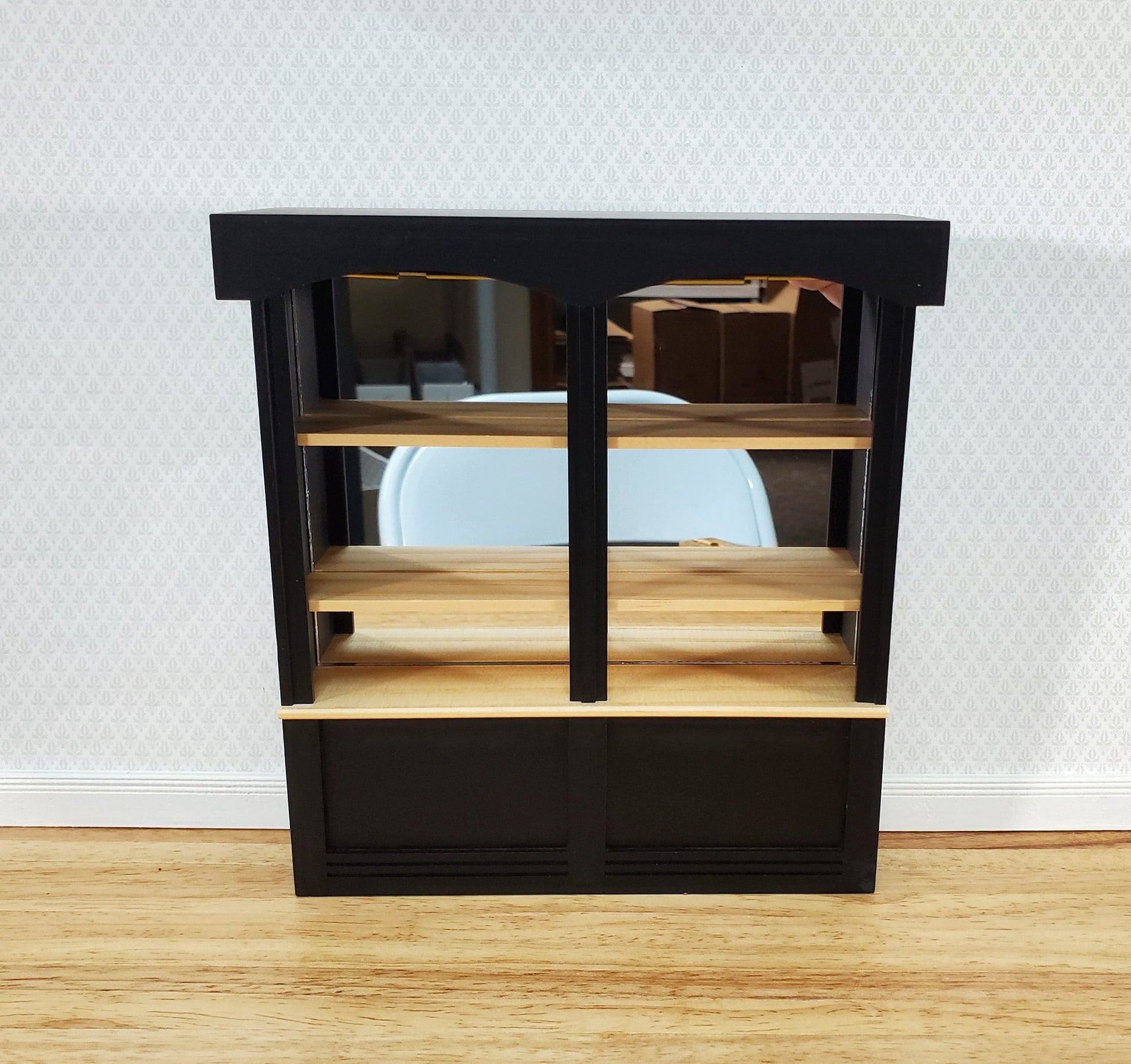 Dollhouse Bar or Shop Shelves Mirrored Back Black & Oak 1:12 Scale Miniature