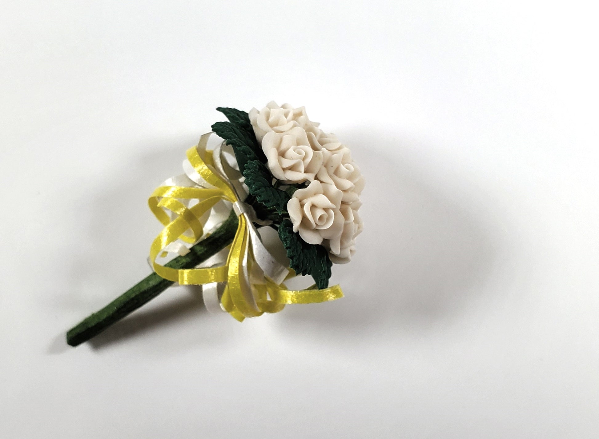 Dollhouse White Roses Bridal Bouquet with Ribbons 1:12 Scale Miniature