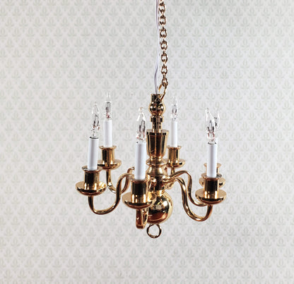 Dollhouse Brass Chandelier 6 Arm 12 Volt Electric 1:12 Scale Miniature