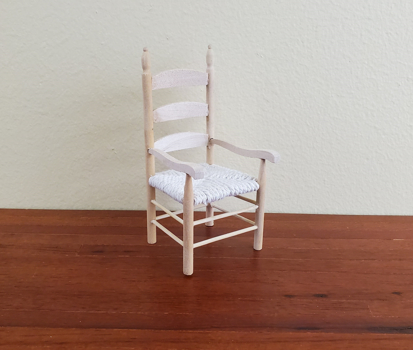 Dollhouse Miniature Ladderback Arm Chair with Rush Seat for Kitchen or Dining Room 1:12 Scale Barewood