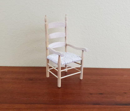 Dollhouse Miniature Ladderback Arm Chair with Rush Seat for Kitchen or Dining Room 1:12 Scale Barewood