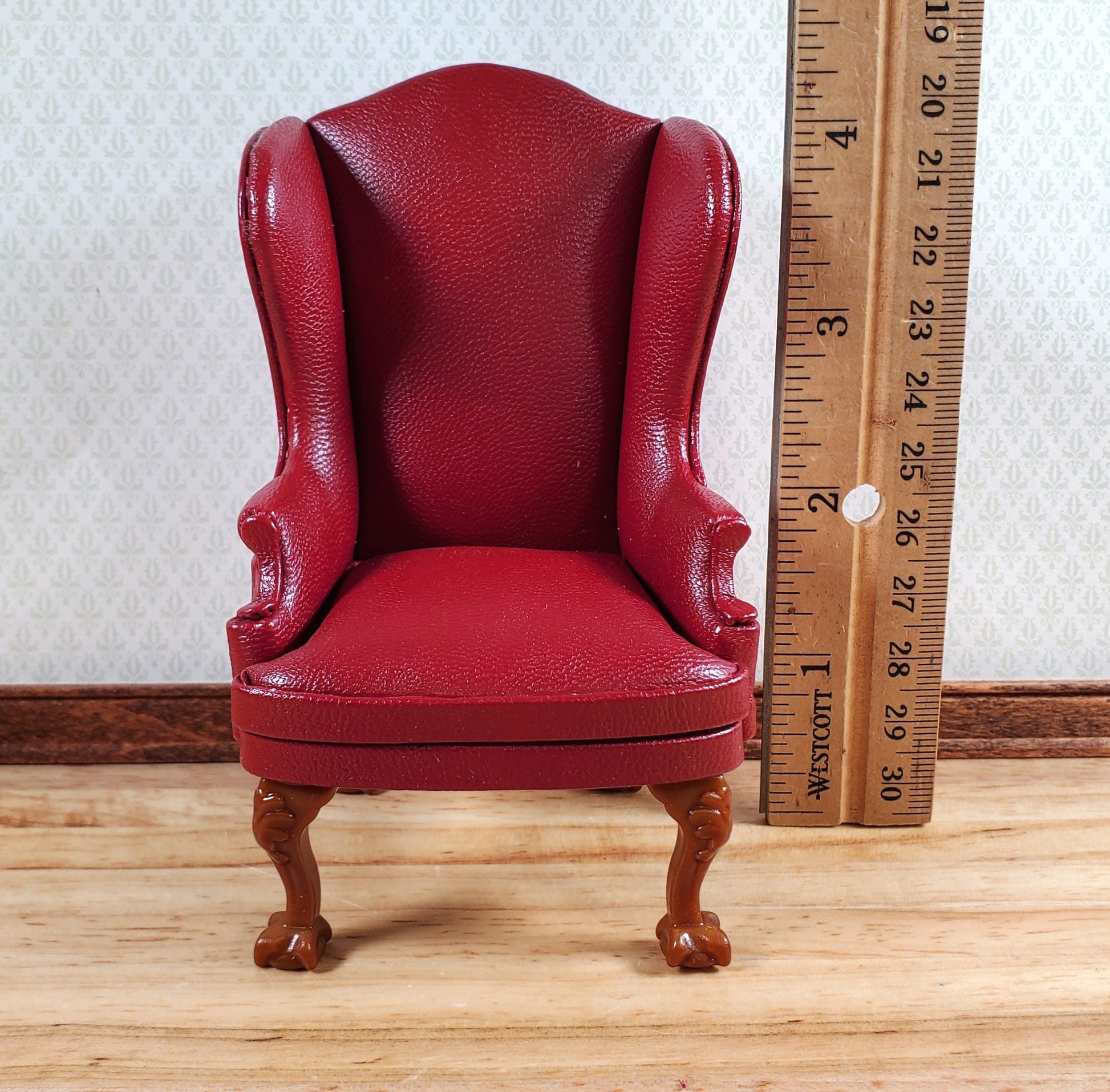 Dollhouse Miniature Wing Back Arm Chair Dark Red 1:12 Scale Furniture Faux Leather