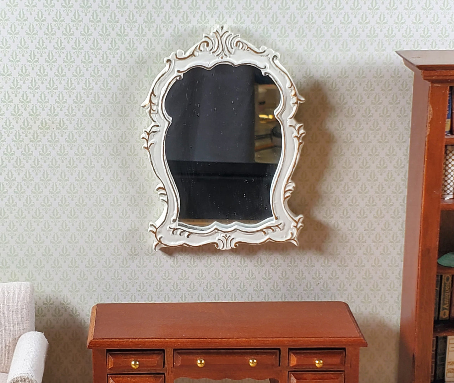 Dollhouse Mirror Cream with Gold Accents 1:12 Scale Miniature Decor
