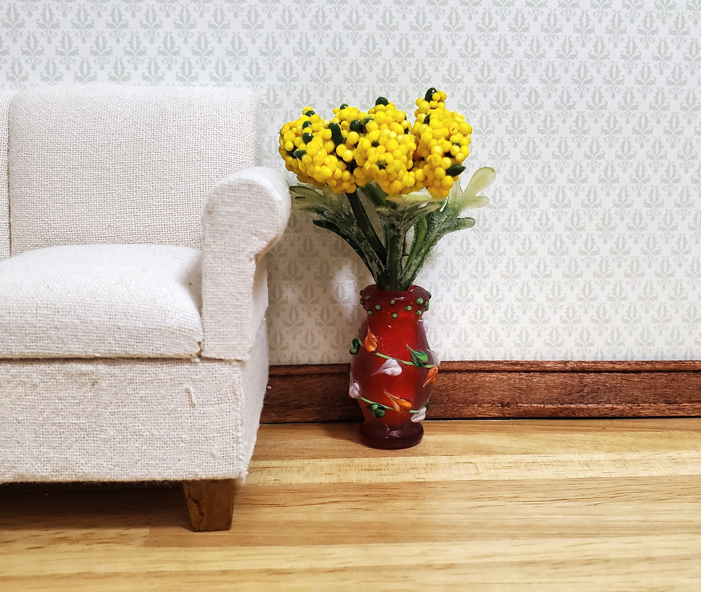 Dollhouse Floor Vase Red Fused with Leaves Use in 1:12 or 1/6 Scale Miniature