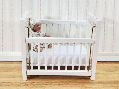 Dollhouse Crib Wood Drop Side White Finish 1:12 Scale Miniature Nursery Furniture