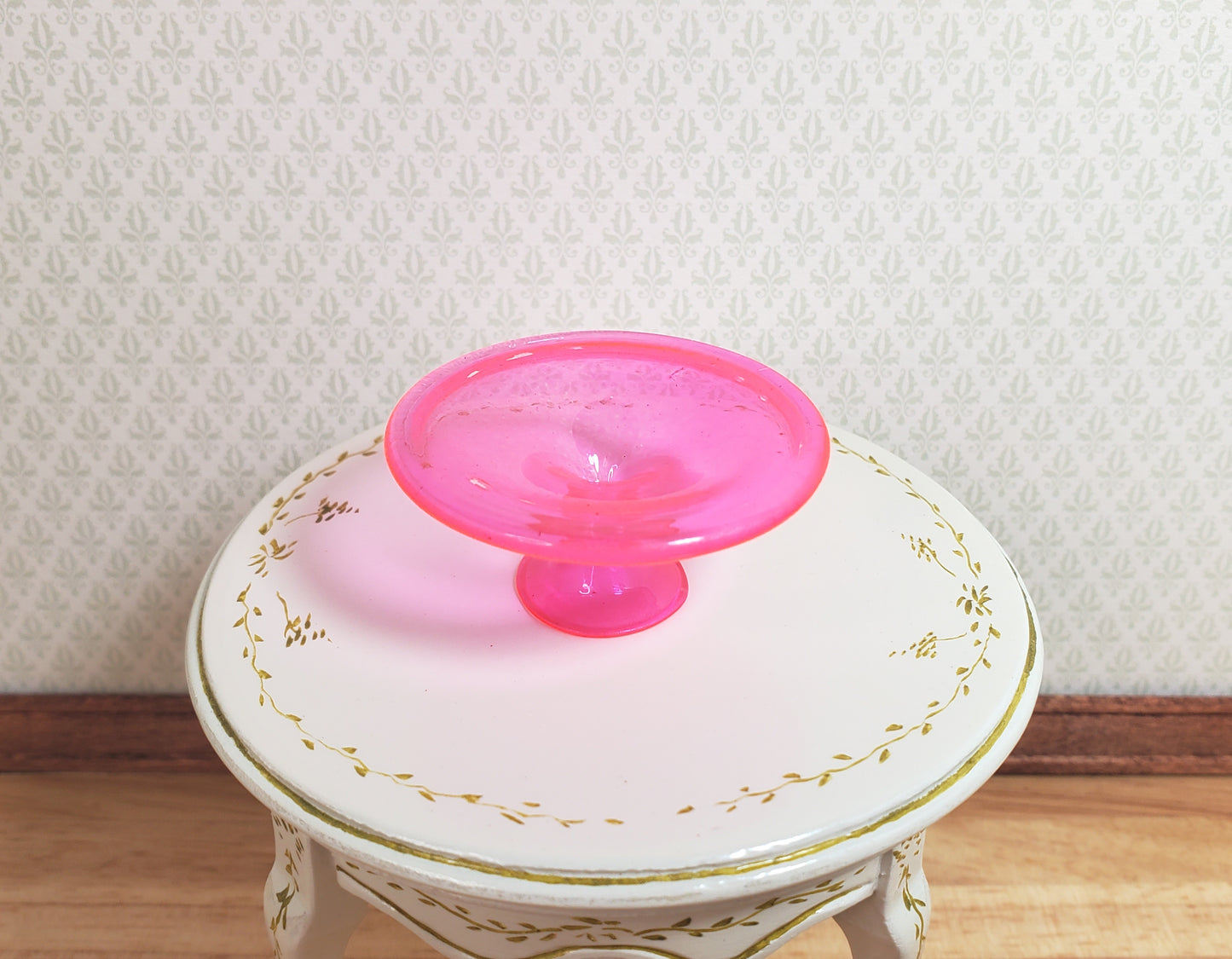 Dollhouse Pink Glass Cake Stand on Pedestal 1:12 Scale Miniature Kitchen