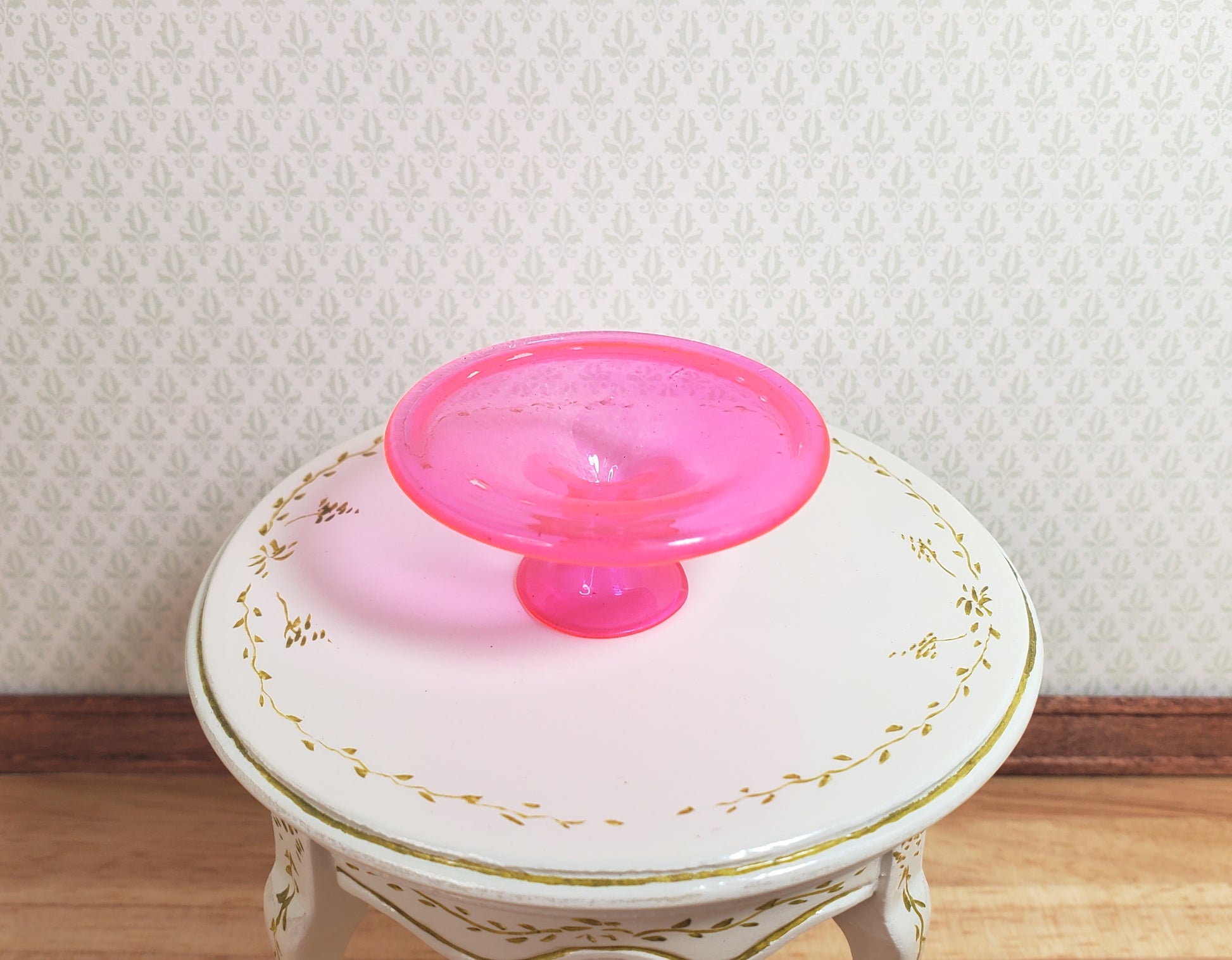 Dollhouse Pink Glass Cake Stand on Pedestal 1:12 Scale Miniature Kitchen