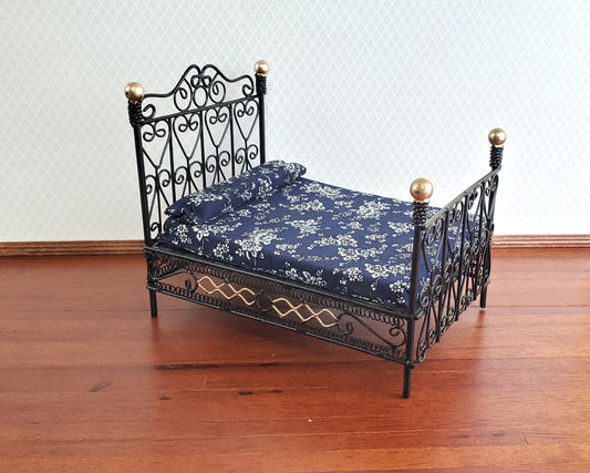 Dollhouse Bed Black Metal Wire with Mattress Mattress Queen Size 1:12 Scale Furniture