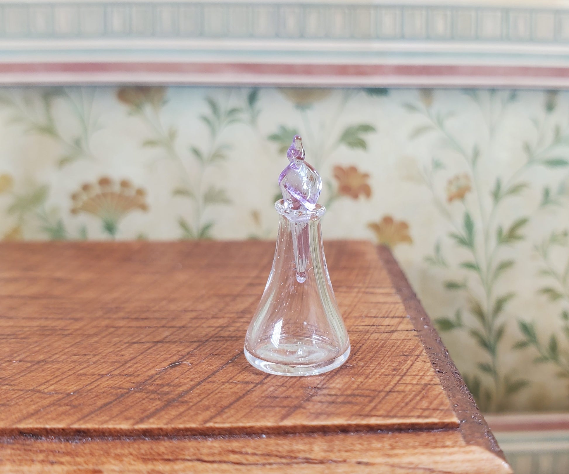 Miniature Glass Decanter Bottle with Lavender Twist Stopper 1:12 Scale Dollhouse