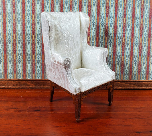 JBM Dollhouse Arm Chair White Brocade Fabric 1:12 Scale Miniature Furniture