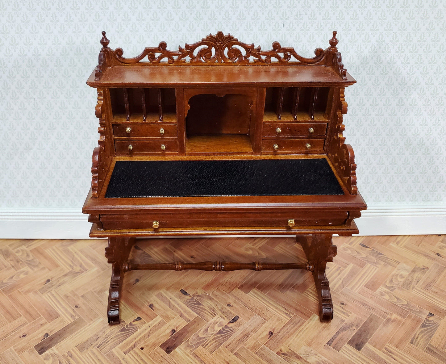 JBM Dollhouse Desk Italian Renaissance Style Furniture 1:12 Scale Miniature Walnut Finish
