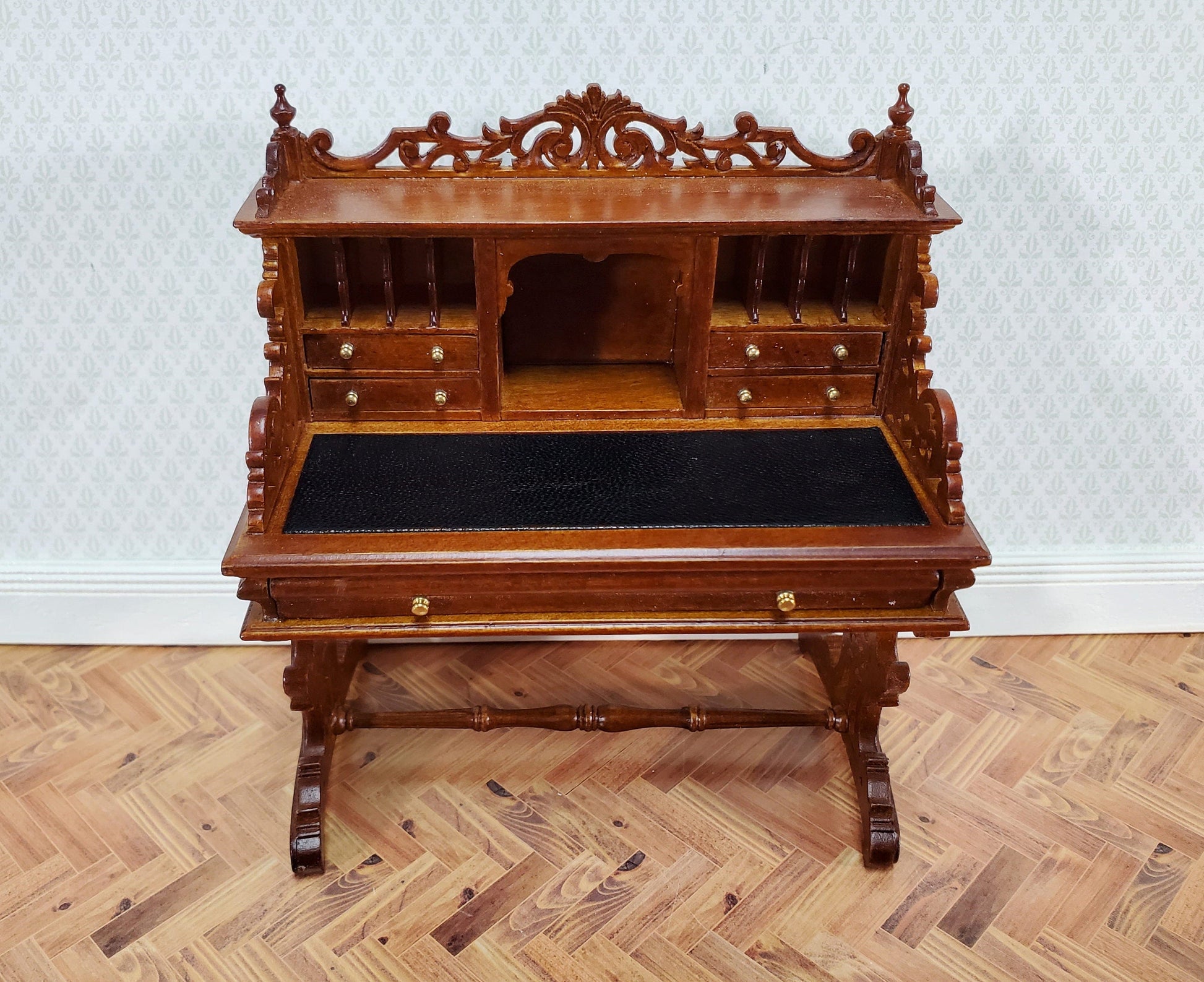JBM Dollhouse Desk Italian Renaissance Style Furniture 1:12 Scale Miniature Walnut Finish