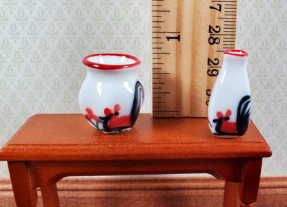 Dollhouse White Ceramic Vases Rooster Motif x2 1:12 Scale Miniature