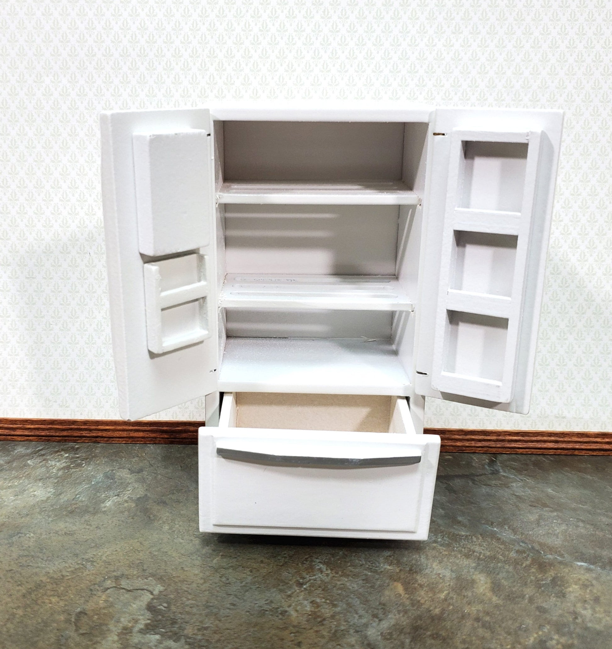 Dollhouse Fridge Modern Refrigerator White Silver 2 Door 1:12 Scale Miniature