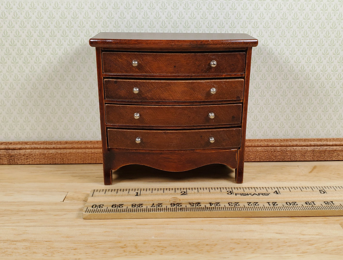 Dollhouse Dresser 4 Drawer Wood Walnut Finish 1:12 Scale Miniature Furniture