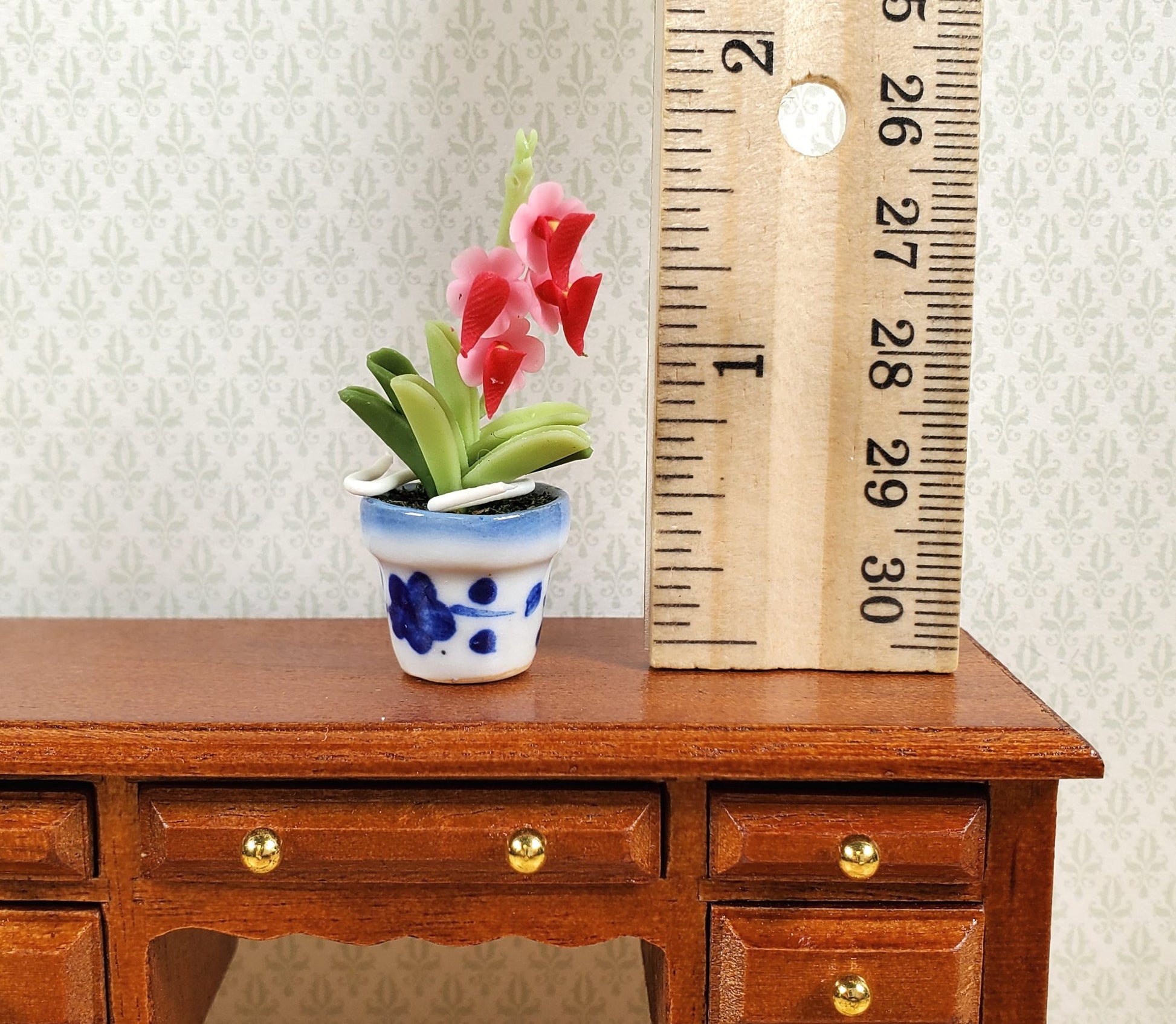 Dollhouse Pink Orchid Flowers in a Blue & White Ceramic Pot 1:12 Scale Miniature