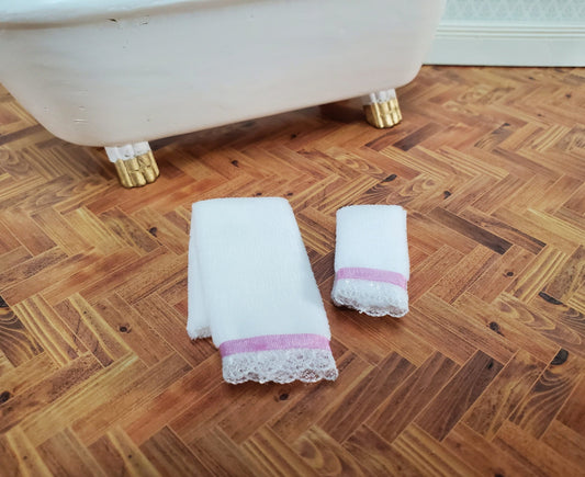 Dollhouse White Bath Towels with Lace and Pink Ribbon Set of 2 1:12 Scale Miniature Bathroom