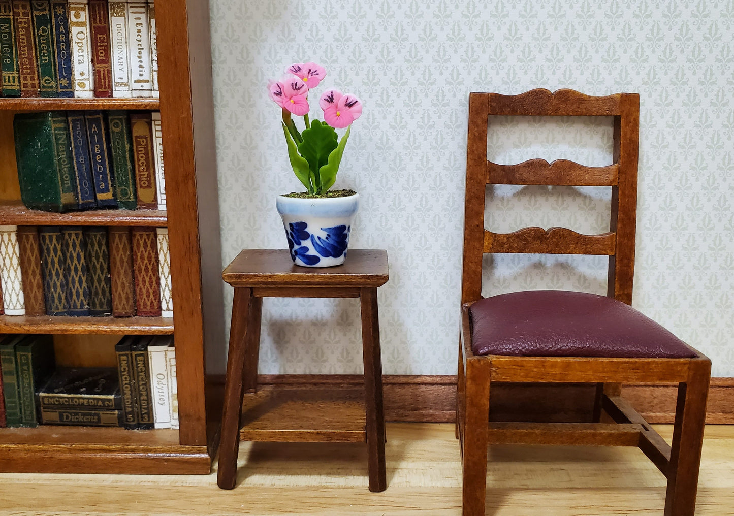 Dollhouse Potted Pink Pansies Flower 1:12 Scale Miniature Blue White Ceramic Pot