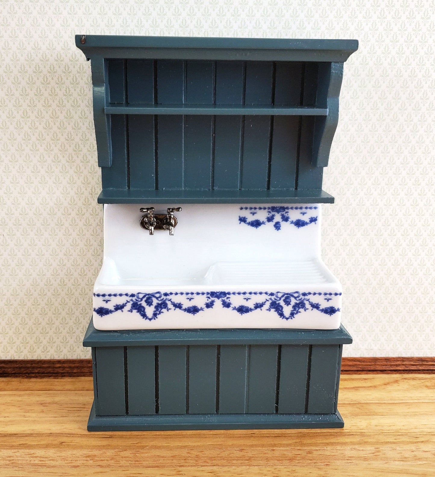 Dollhouse Reutter Sink Cabinet Blue & White 1:12 Scale Miniature Kitchen