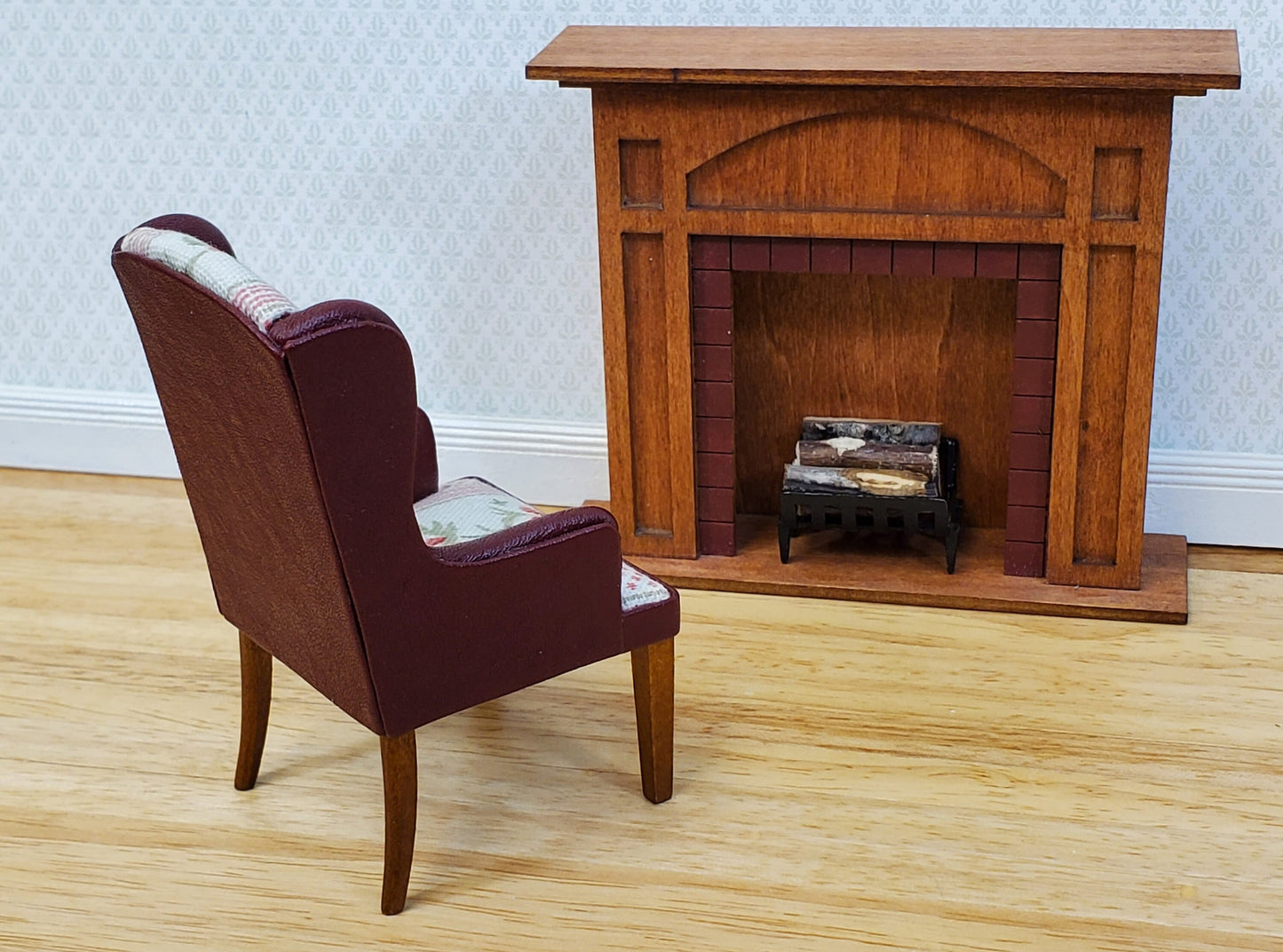 JBM Dollhouse Chair Armchair Burgundy Faux Leather & Fabric 1:12 Scale Furniture