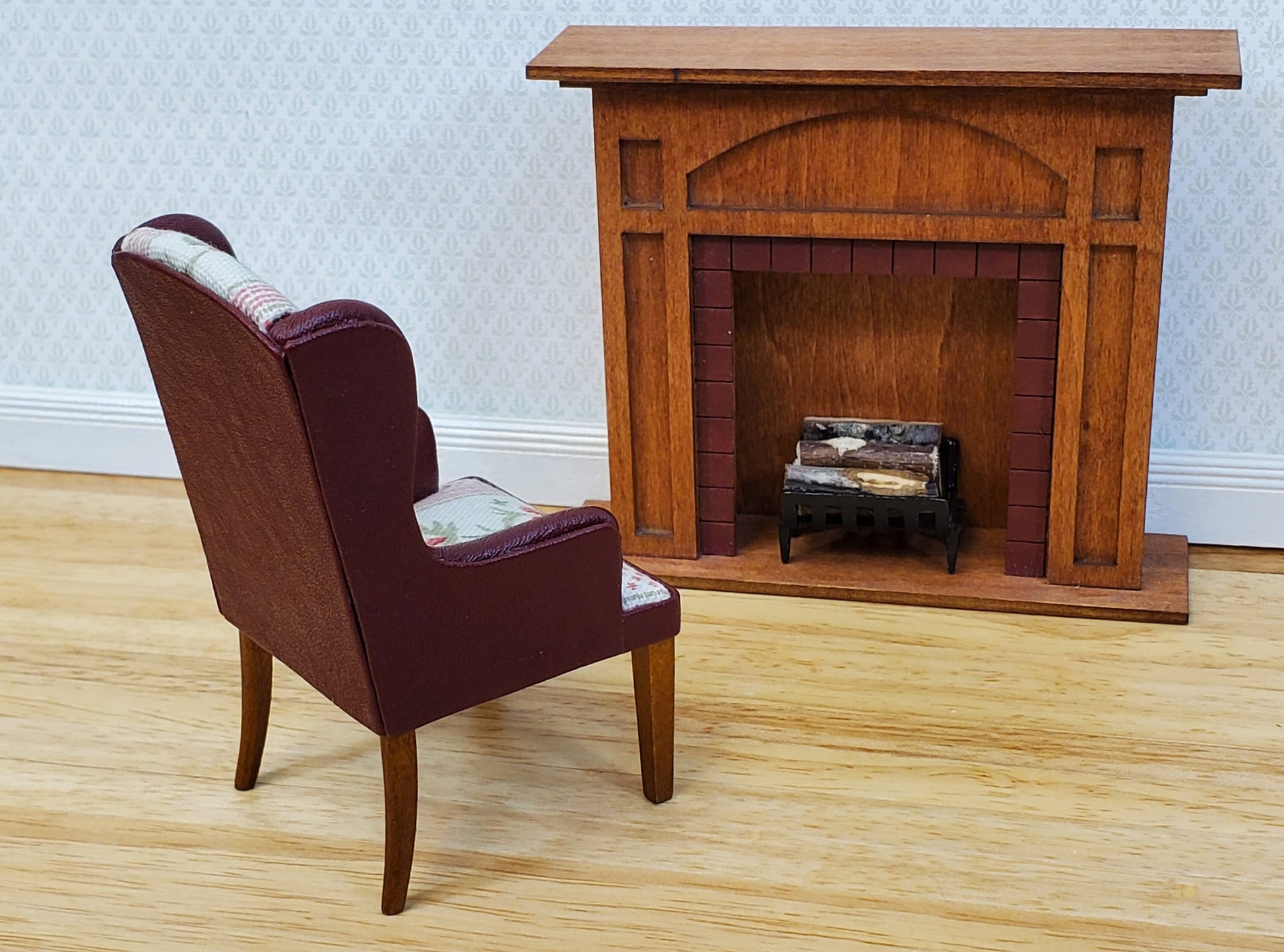 JBM Dollhouse Chair Armchair Burgundy Faux Leather & Fabric 1:12 Scale Furniture