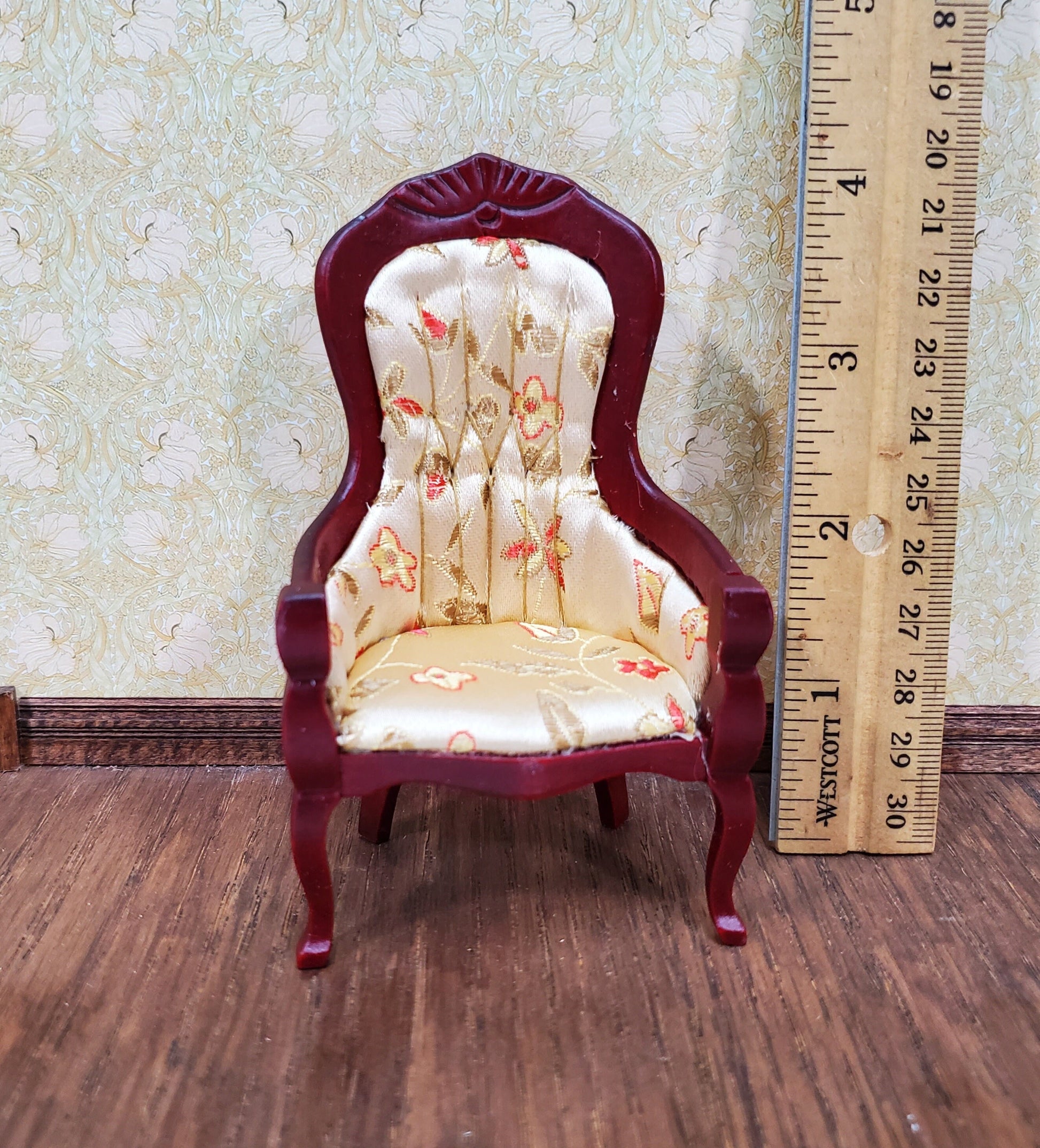 Dollhouse Chair Victorian Style Gold Floral Print 1:12 Miniature Mahogany Finish