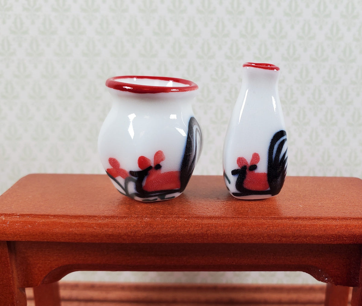 Dollhouse White Ceramic Vases Rooster Motif x2 1:12 Scale Miniature
