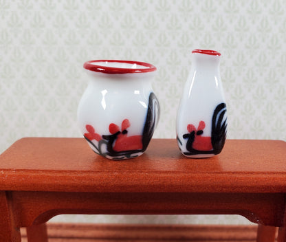 Dollhouse White Ceramic Vases Rooster Motif x2 1:12 Scale Miniature