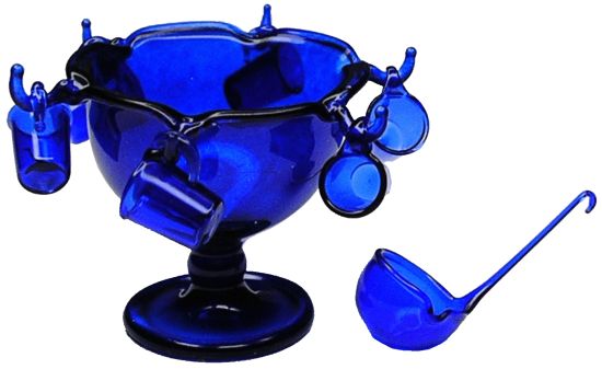 Dollhouse Blue Glass Punch Bowl with Cups & Ladle 1:12 Scale Miniature Kitchen