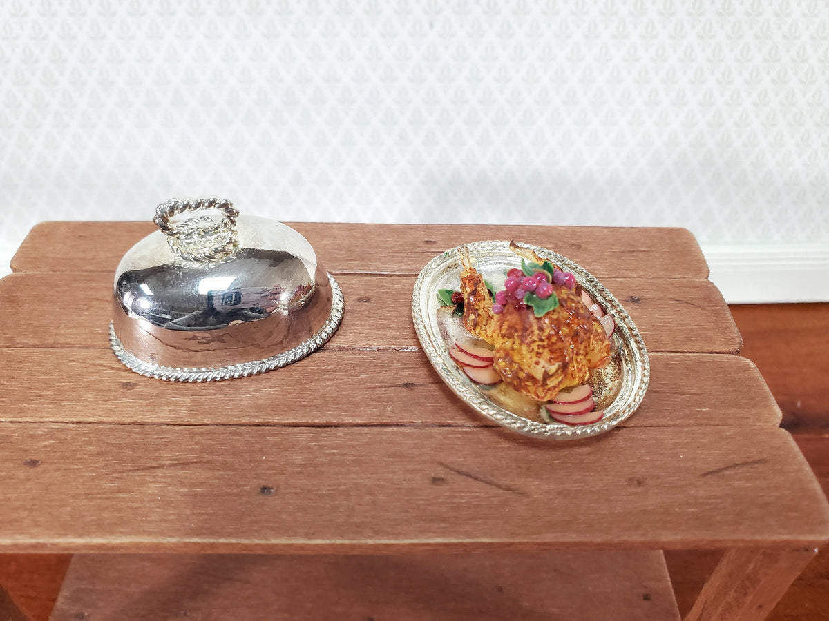 Dollhouse Food Chicken with Fruit on Silver Plated Platter with Lid 1:12 Scale Miniature by Falcon