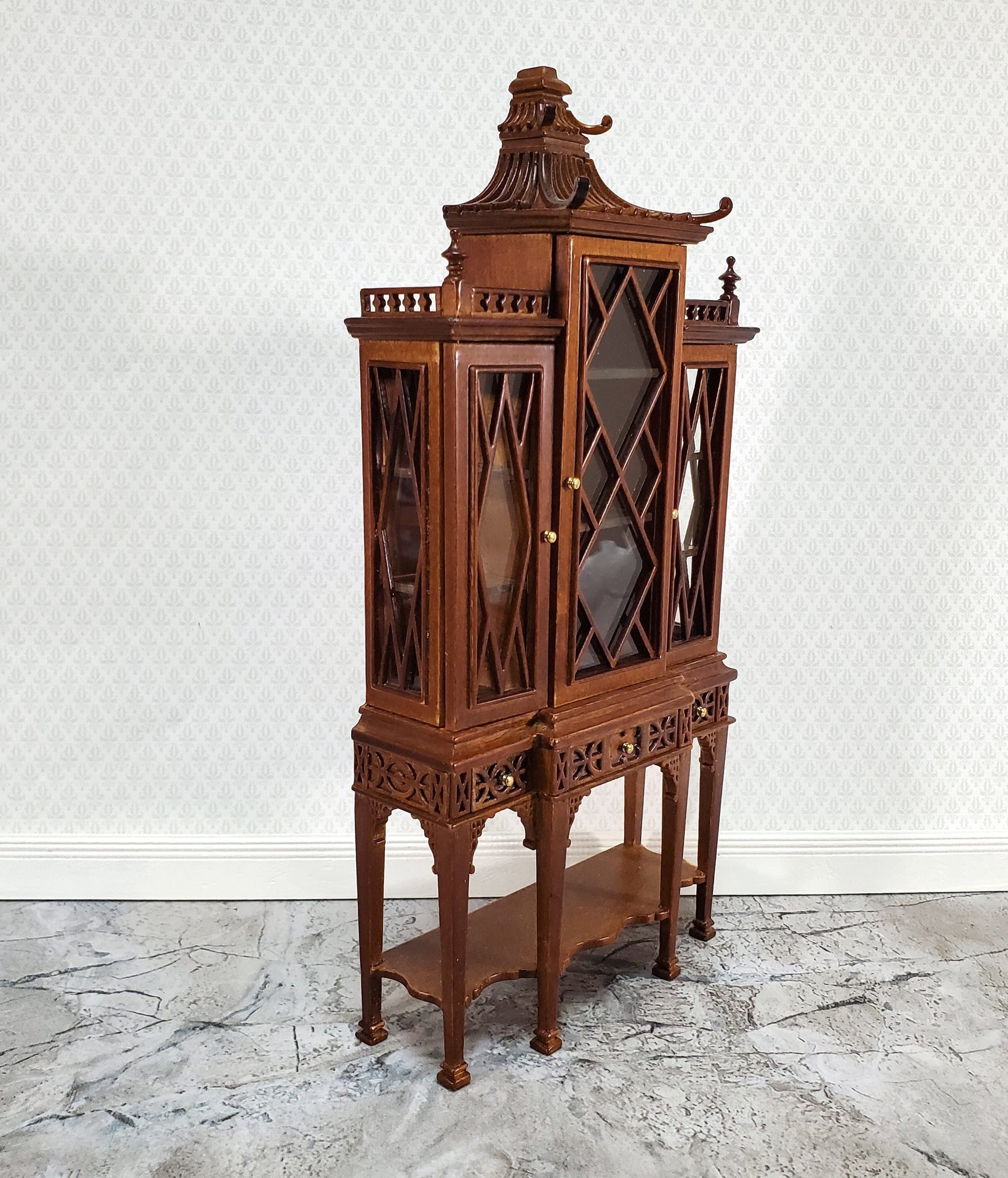 JBM Dollhouse Breakfront Display Cabinet Chippendale Style 1:12 Scale Furniture