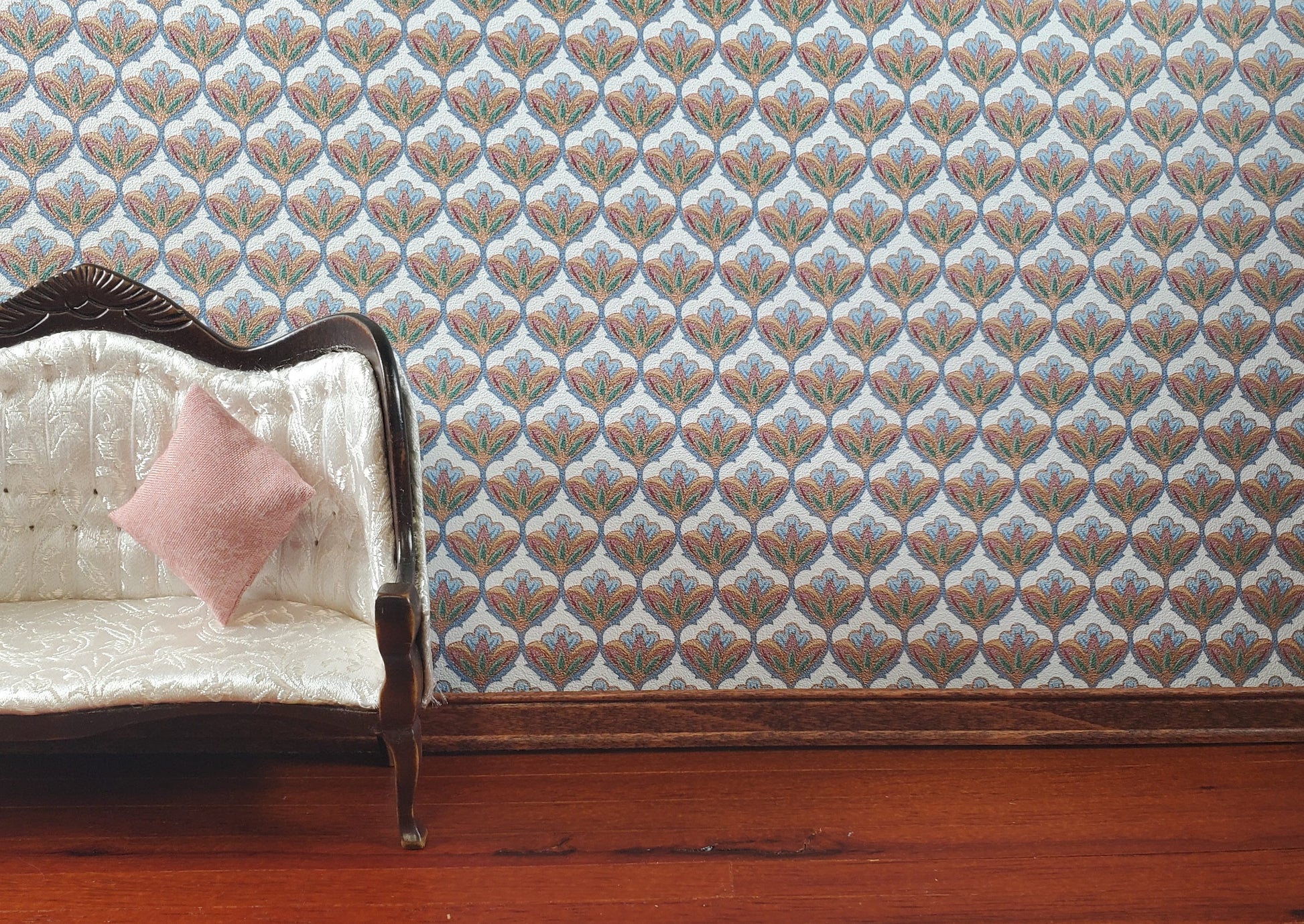 Dollhouse Wallpaper Art Nouveau 3 Sheets White Green Gold 1:12 Scale
