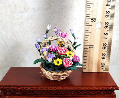 Dollhouse Colorful Basket of Flowers Pink & Purple with Greenery 1:12 Scale