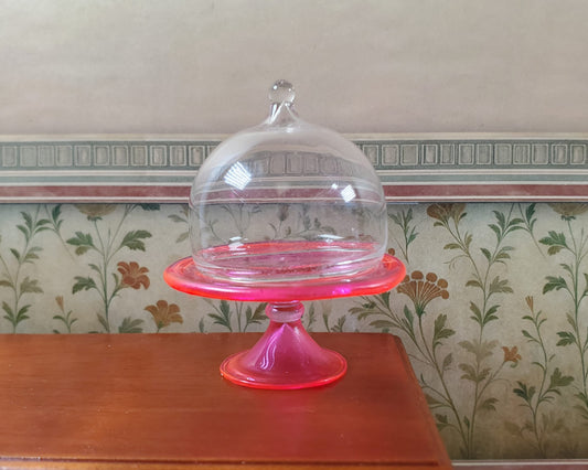 Dollhouse Bright Pink Glass Cake Stand 1:12 Scale Miniature Kitchen Decor Bakery