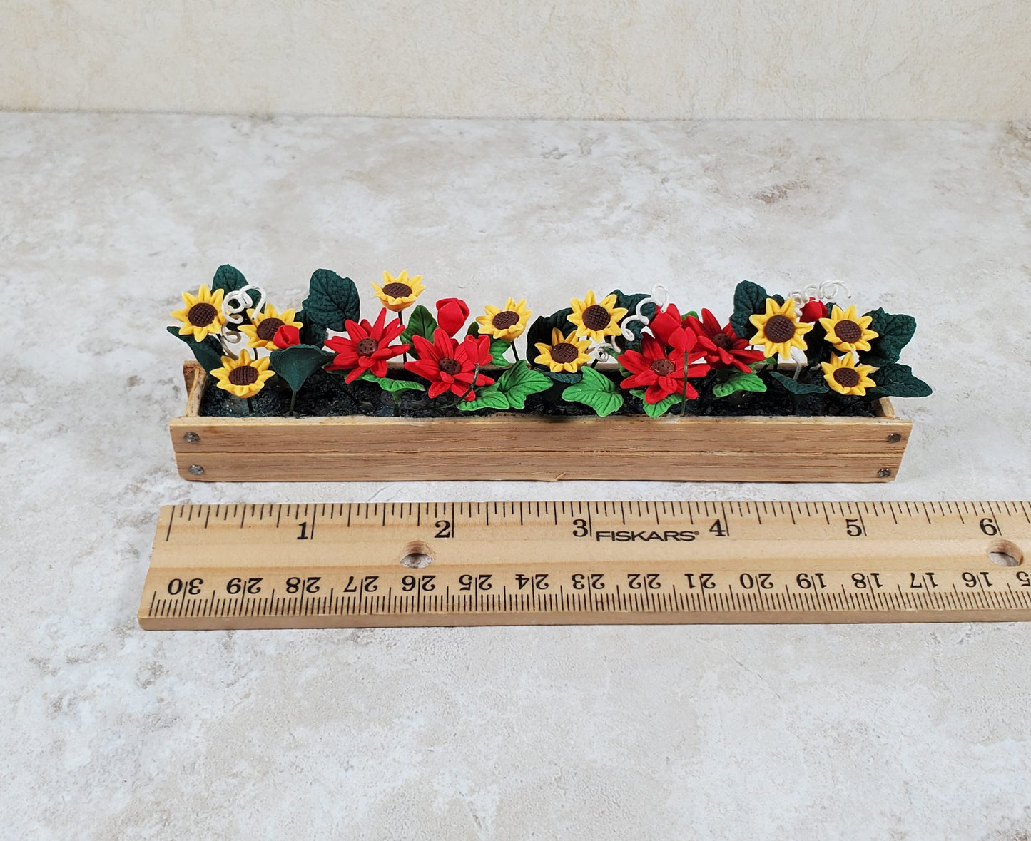Dollhouse Summer Flowers in a 5.5" Wood Window Box Planter 1:12 Scale Miniature