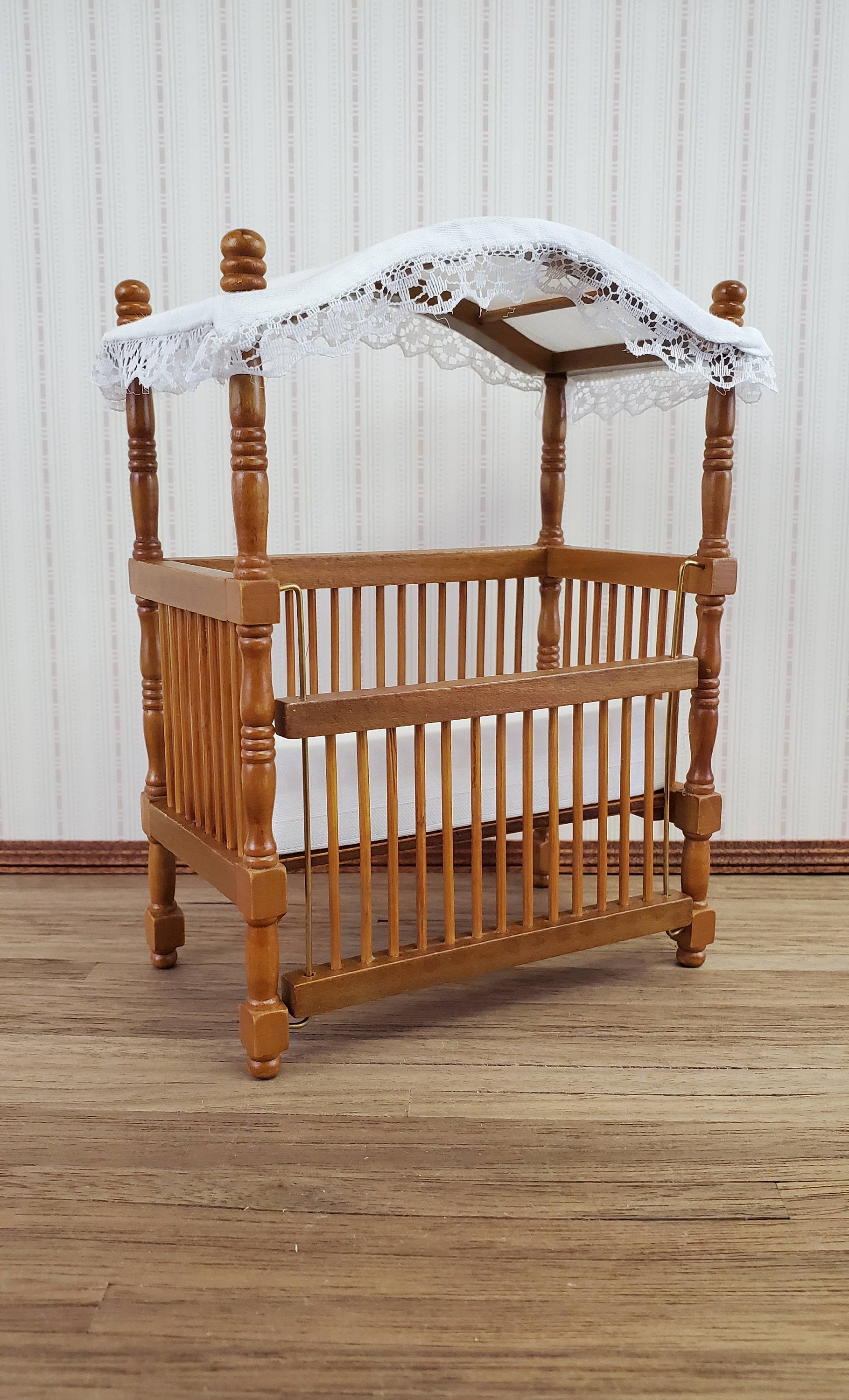 Dollhouse Miniature Canopy Crib Walnut Finish 1:12 Scale Nursery Furniture