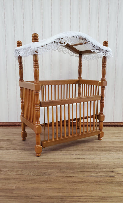 Dollhouse Miniature Canopy Crib Walnut Finish 1:12 Scale Nursery Furniture