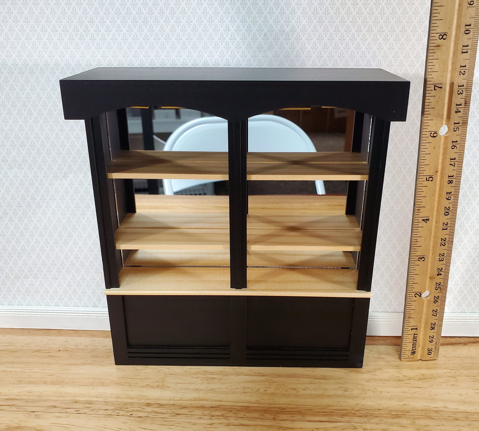 Dollhouse Bar or Shop Shelves Mirrored Back Black & Oak 1:12 Scale Miniature
