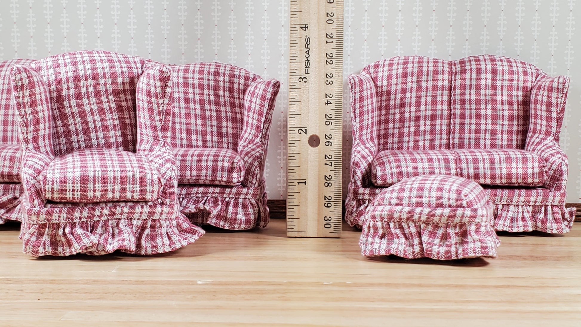 Dollhouse Living Room Set 4 pc Dusty Rose Plaid 1:12 Scale Miniature Furniture