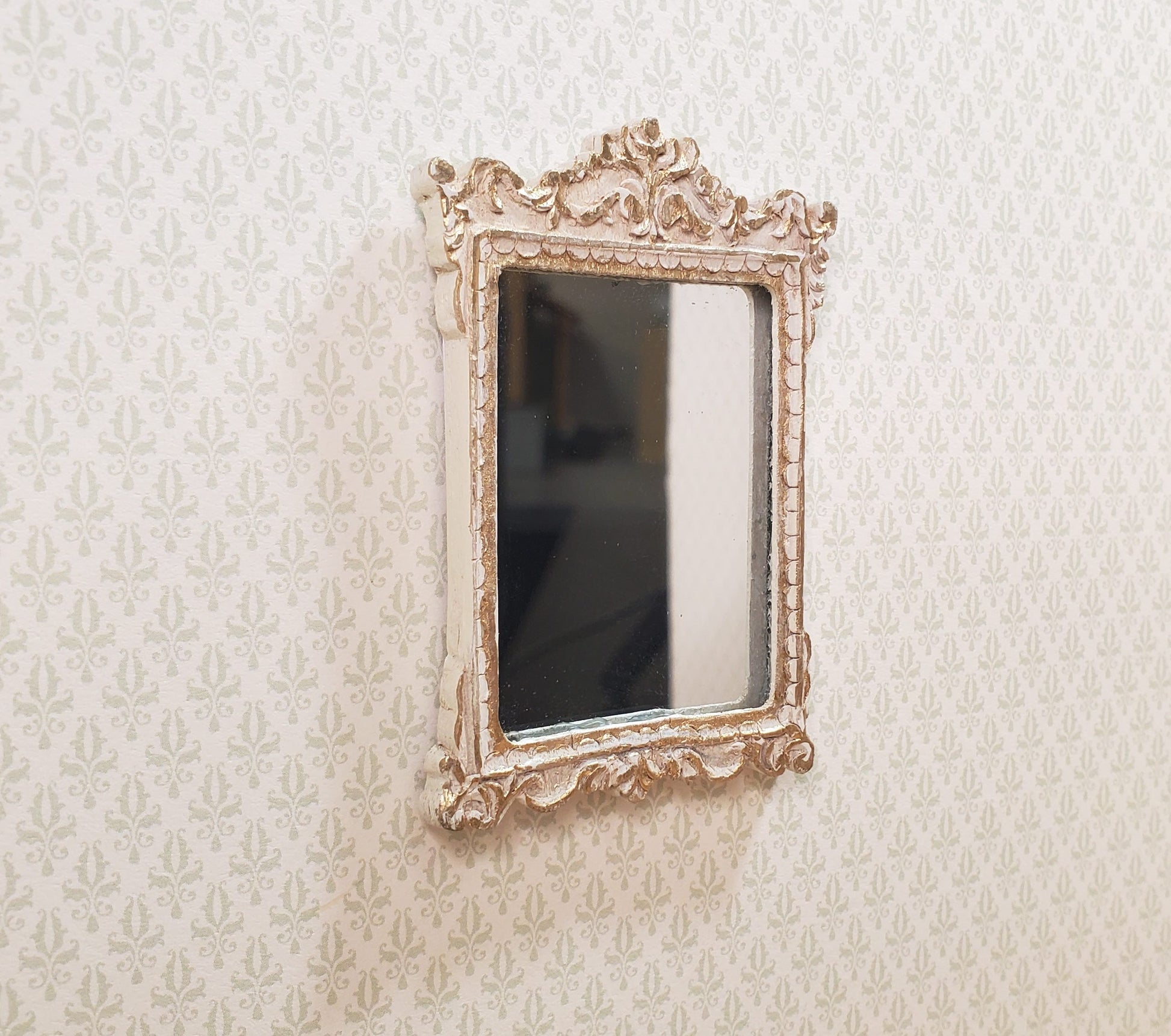 Dollhouse Mirror French Victorian Style Antique White & Gold 1:12 Scale