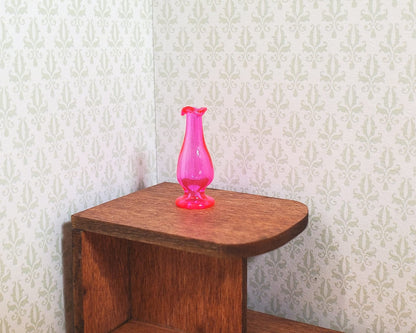 Dollhouse Bright Pink Glass Pedestal Fluted Vase 1:12 Scale Miniature Decoration