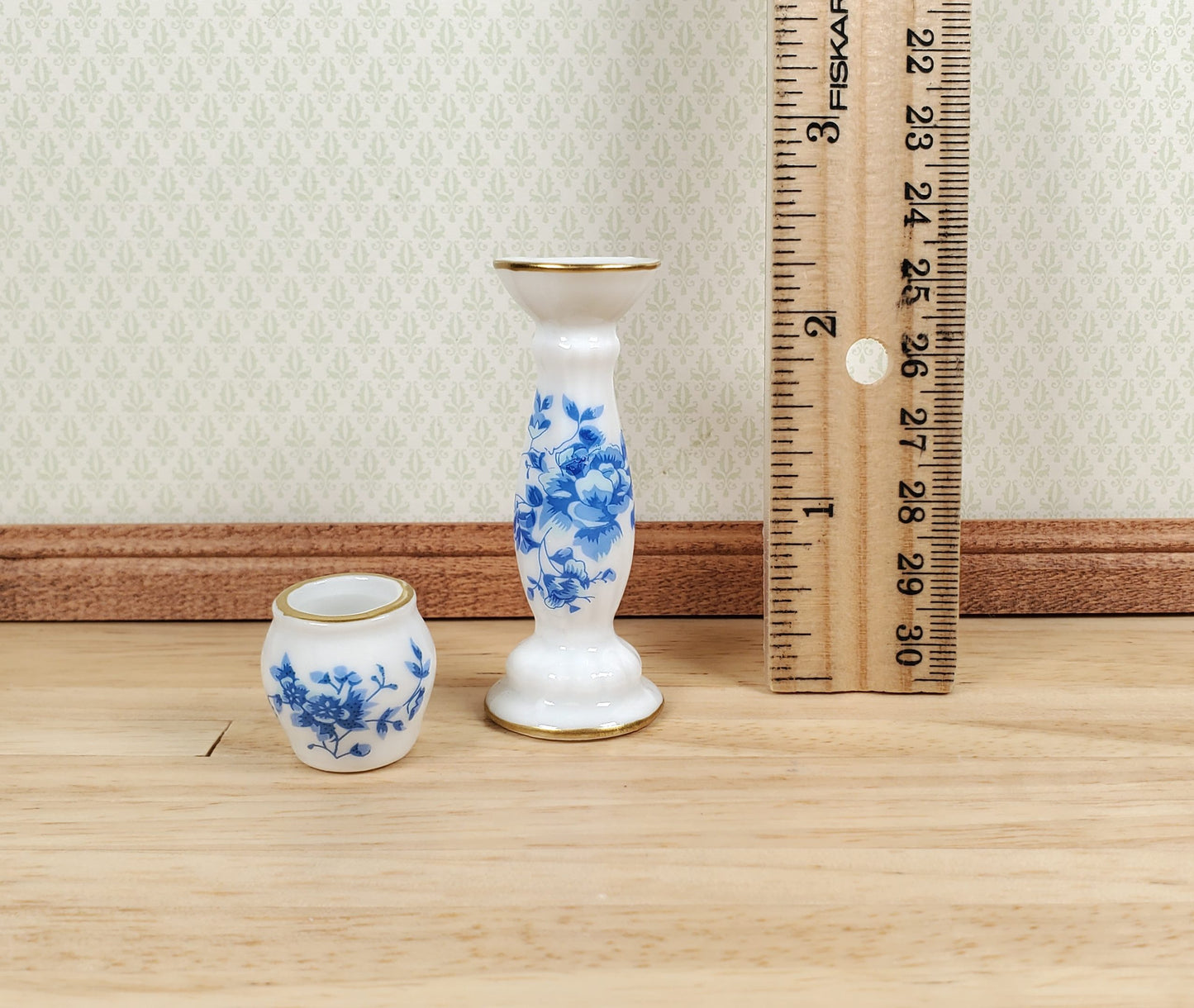 Dollhouse Pedestal with Vase Jardiniere Ceramic Blue White 1:12 Scale Miniature
