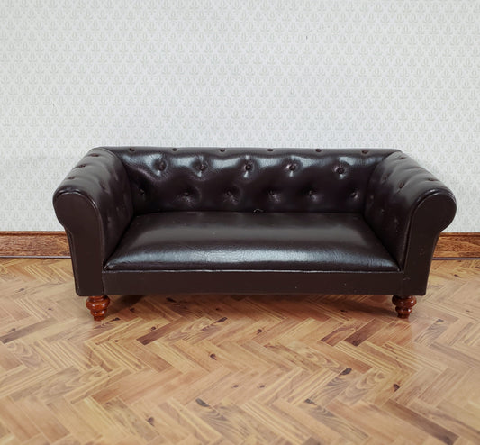 Dollhouse Sofa Couch Brown Faux Leather 1:12 Scale Miniature Furniture