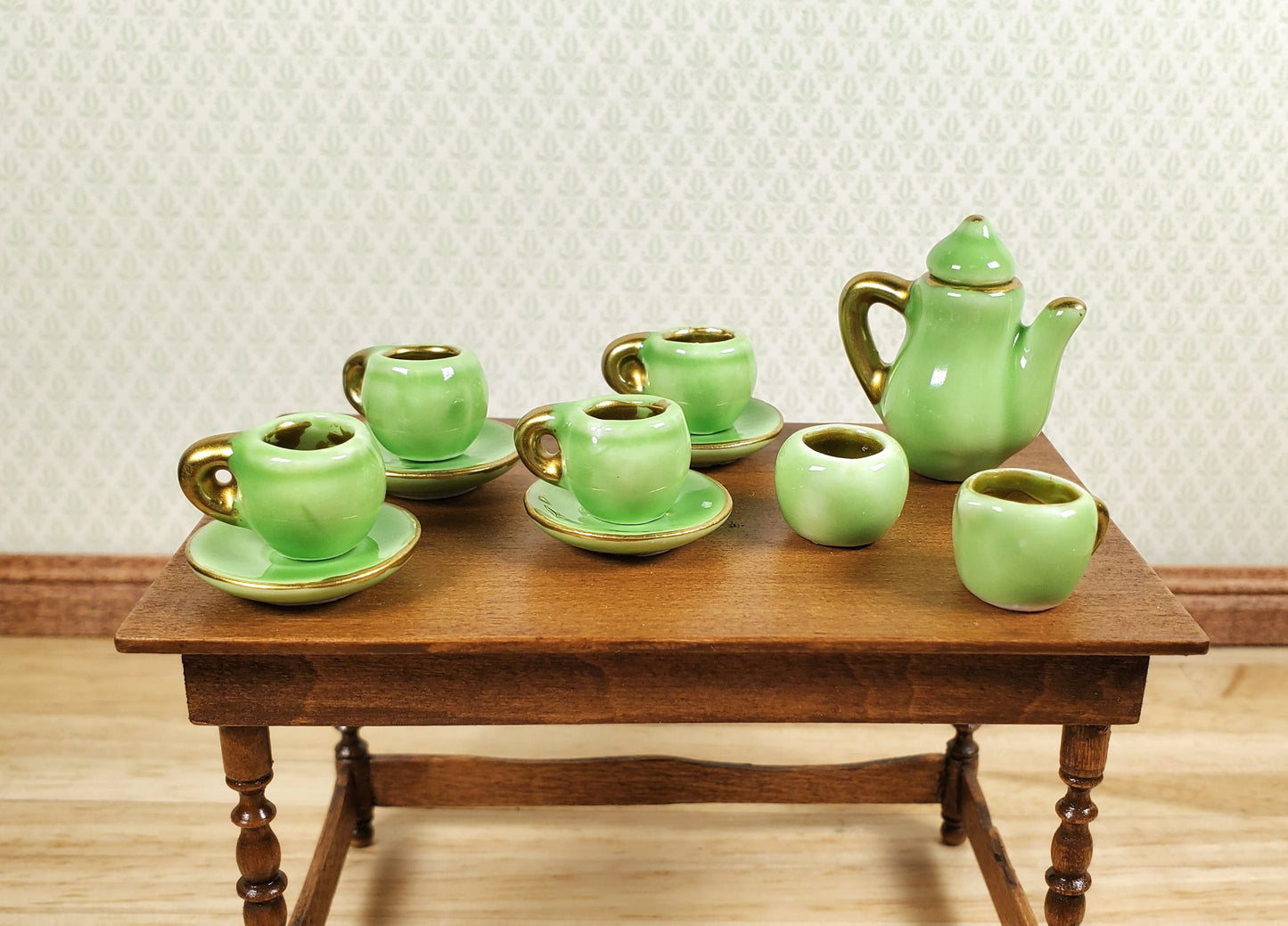 Miniature Retro Tea Set Teapot 4 Cups Saucers Sugar Creamer Green Gold OVERSIZED